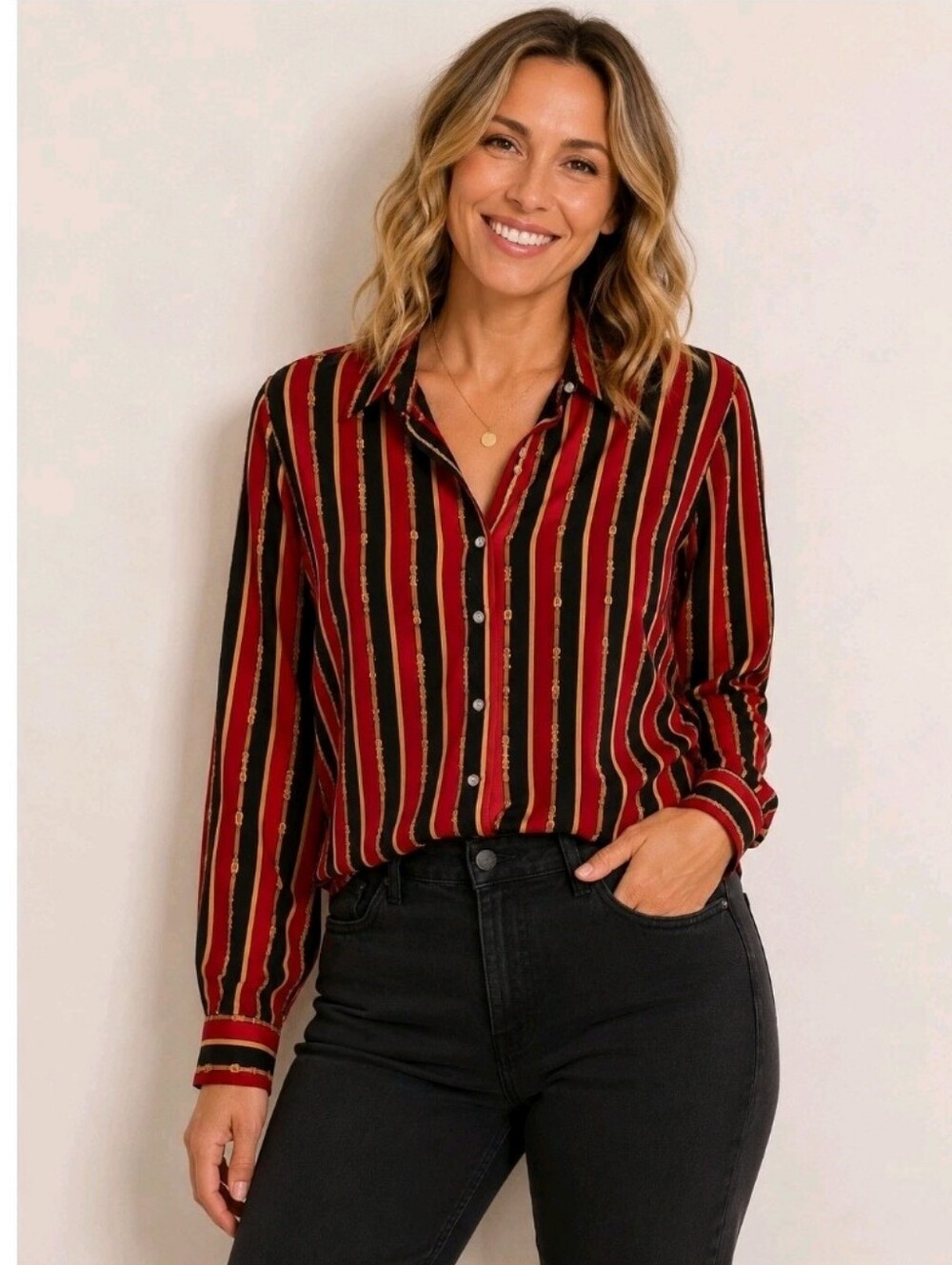 TALBOTS 100% Silk Equestrian Buckle Strap Print Red, Black & Gold Blouse | SZ 8